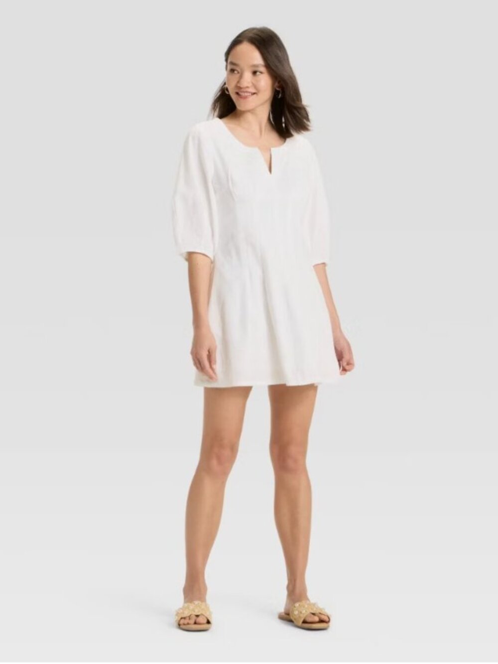 A New Day White Split V Neck Mini Dress Top 20 NWT Cotton Linen Lined Pockets - Picture 3 of 3